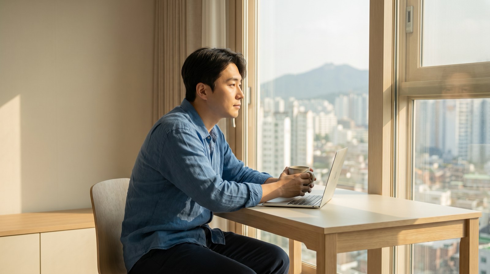 아침 햇빛이 드는 창가 책상에서 커피를 들고 노트북 앞에 앉아 창밖을 보는 사람