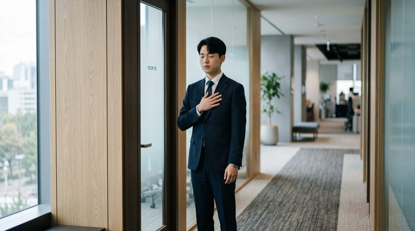 면접장 문 앞 복도에서 눈을 감고 심호흡하는 지원자