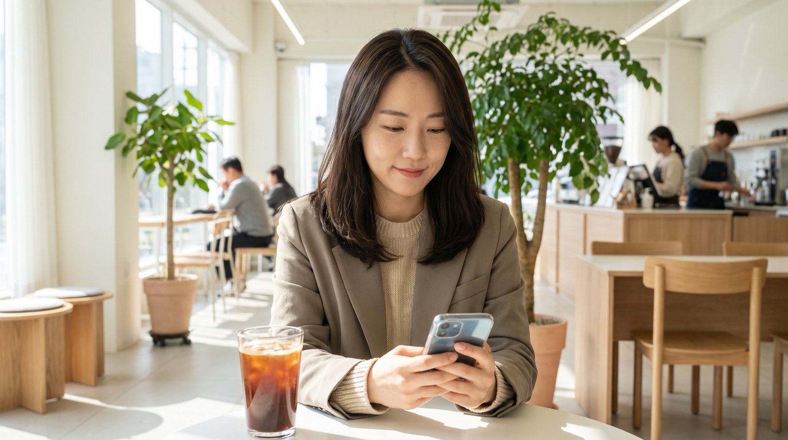 햇빛 드는 카페에서 휴대폰으로 메일을 담담하게 읽고 있는 사람