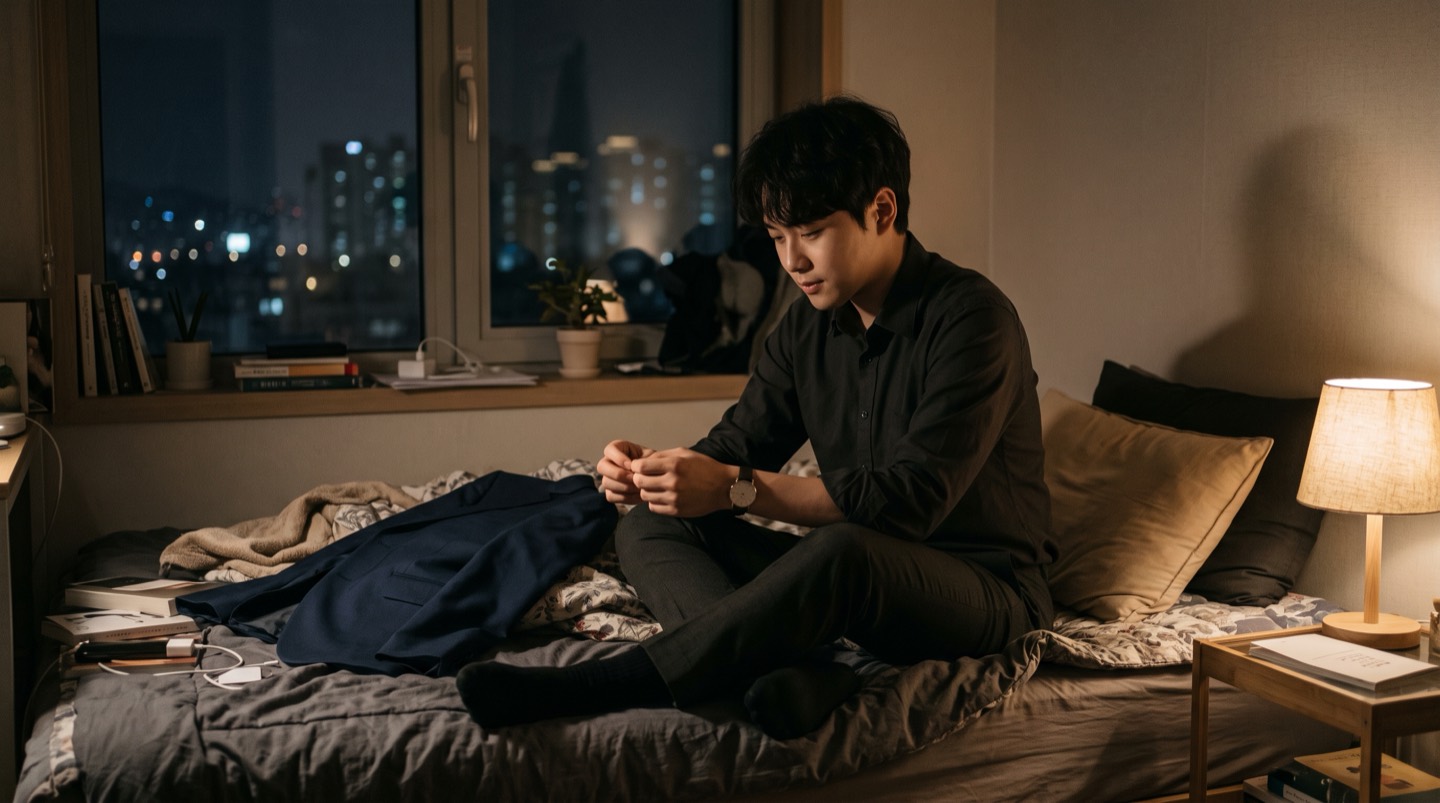 밤에 침대에 앉아 벗어둔 정장 재킷 옆에서 생각에 잠긴 사람