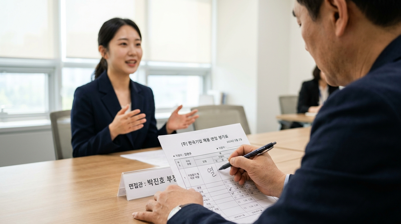 면접관이 평가표 첫 줄에 펜으로 무언가 적기 시작하는 순간을 면접관 어깨 너머에서 본 장면. 맞은편 지원자는 손짓하며 말하고 있다