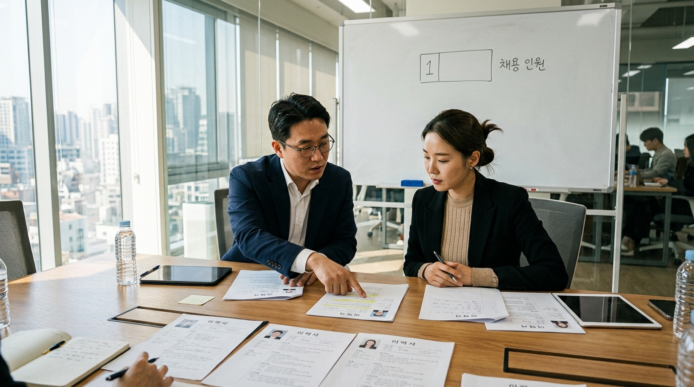밝은 회의실 테이블에 이력서 여러 장이 펼쳐져 있고 면접관 두 명이 그중 한 장을 가리키며 상의하는 모습. 뒤 화이트보드에는 채용 인원 1이라고 적혀 있다