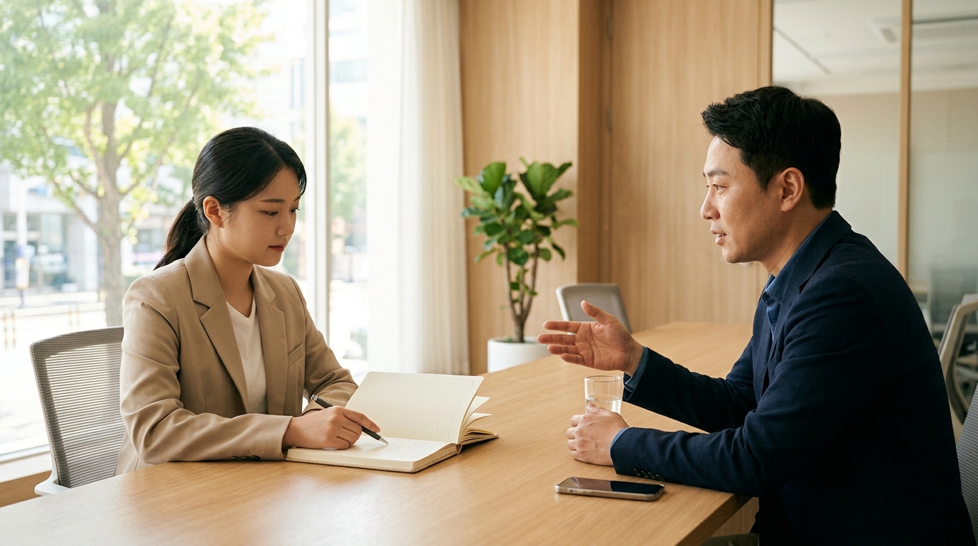면접실 테이블에서 지원자가 열린 수첩의 질문 한 줄을 가리키고 맞은편 면접관이 설명하고 있다