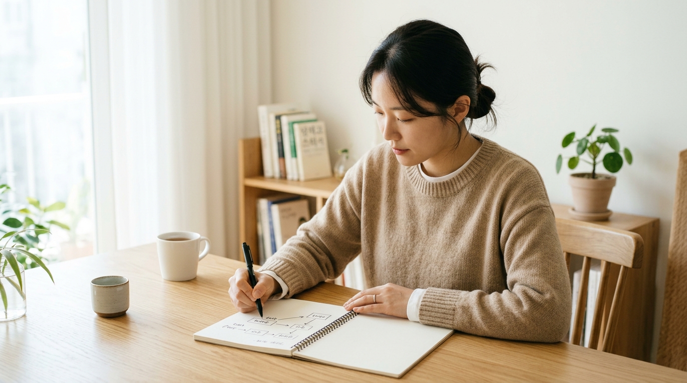 책상 앞에 앉은 지원자가 노트에 결제 요청과 승인·취소·대사 상태를 화살표로 연결하고 있다